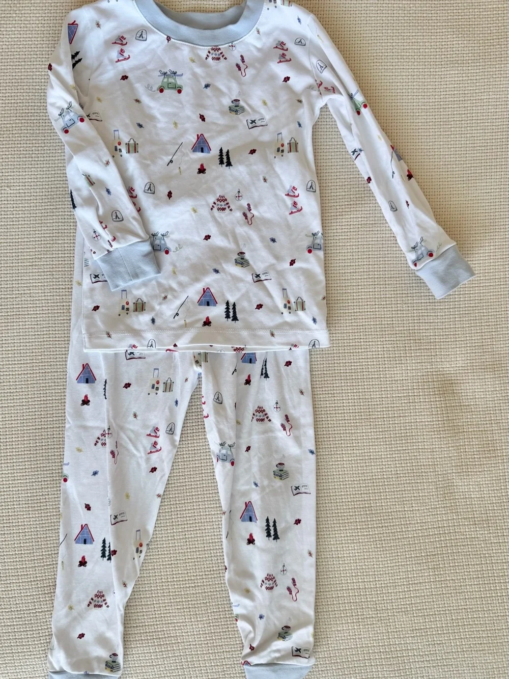 Lake Kids White Camping-Print Pajama Set with Light Blue Trim